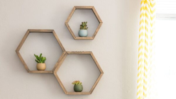 Hexagon Wooden Floating Shelves - Set of 3, Modern Wall Decor