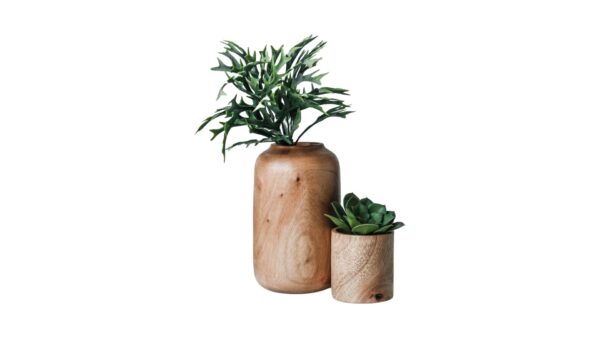 Artificial Plant Arrangement in Wooden Vases - Modern Home Decor