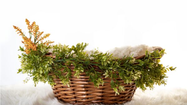 Woven Wicker Basket with Artificial Greenery and Floral Accent - Decorative Storage Basket